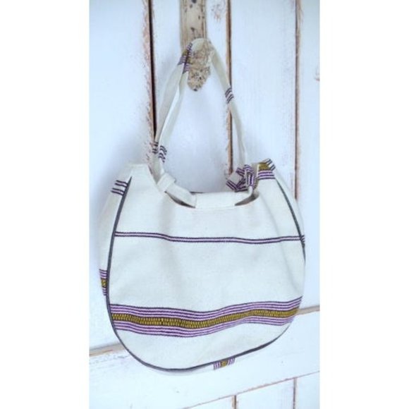 Vintage ivory striped cotton boho hippie shoulder bag - Picture 4 of 5